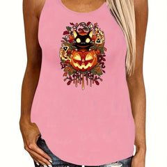 Halloween Jack O' Lantern Tank Top Sleeveless Crew Neck Women's Clothing