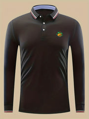 Orange Print Men's Casual Button Up Long Sleeve Lightweight Polo Shirt