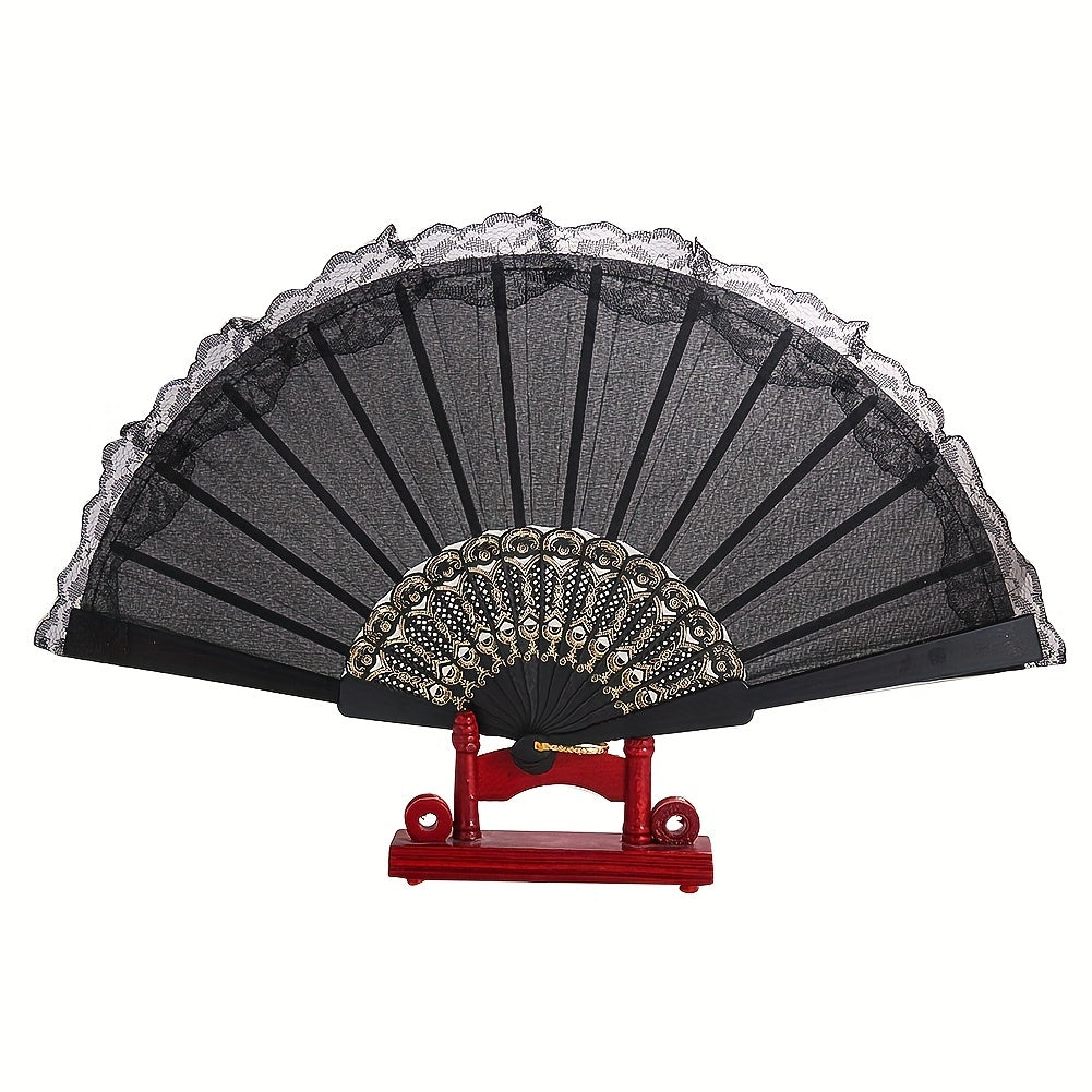 Retro Lace Trim Ladies Folding Fan Dance Performance Props Cheongsam Decoration