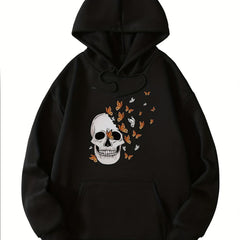 Halloween Skull Print Hooded Sweatshirt Women's Warm Sporty Top