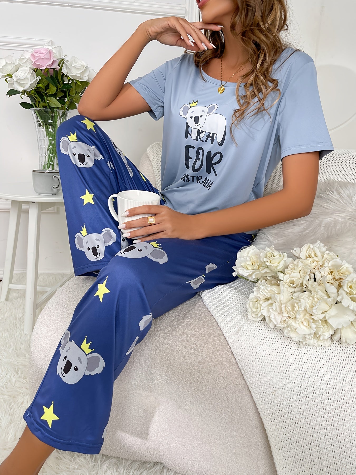Koala Print Pajama Set Short Sleeve Top & Pants