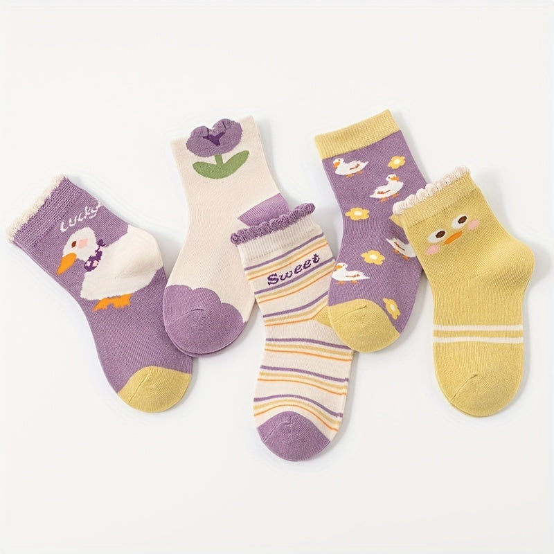 5 Pairs Baby Girls Cartoon Pattern Crew Socks for Autumn Winter