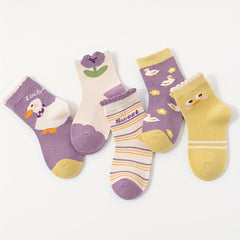 5 Pairs Baby Girls Cartoon Pattern Crew Socks for Autumn Winter