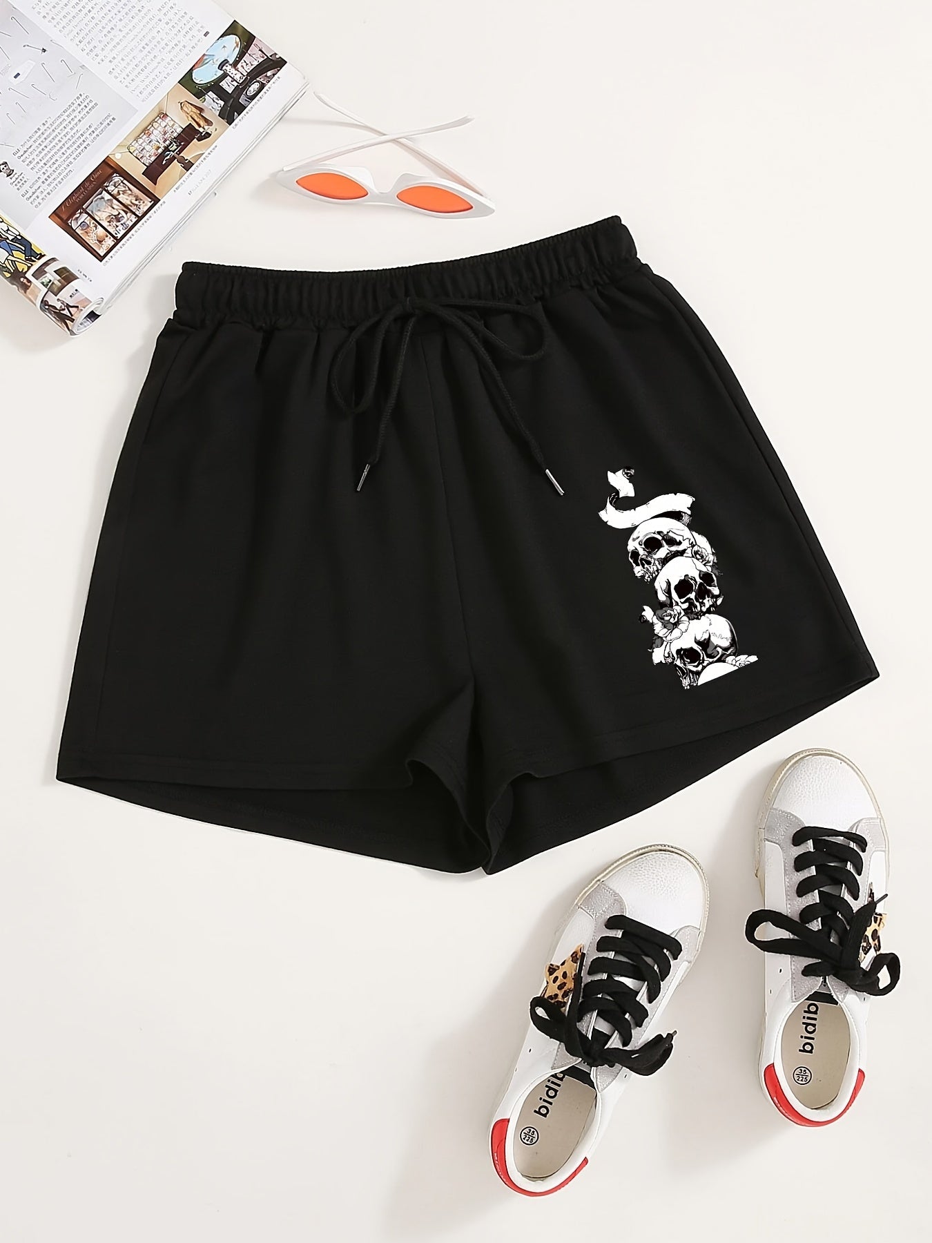 Skull Print Elastic Drawstring Shorts Y2K Sports Loose High Waist