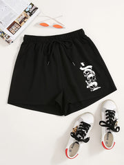 Skull Print Elastic Drawstring Shorts Y2K Sports Loose High Waist