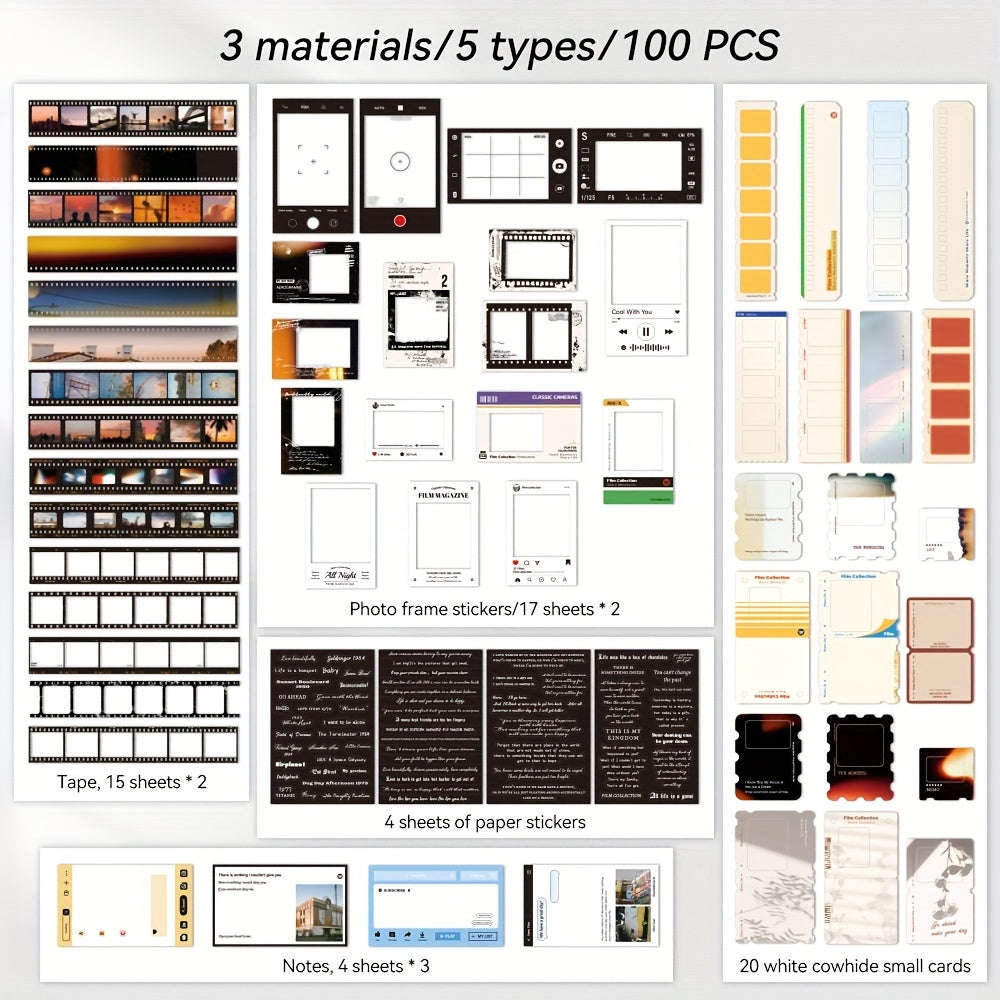 100pcs Movie Theme Scrapbook Kit Retro Film Strip Frames Washi Tapes Memo Pads
