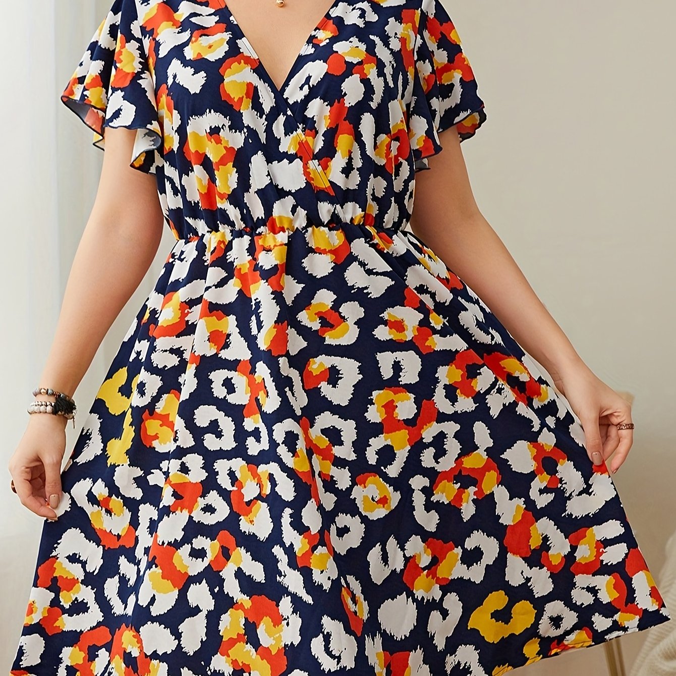 Graphic Print Ruffle Trim Cap Sleeve Mini Dress Plus Size