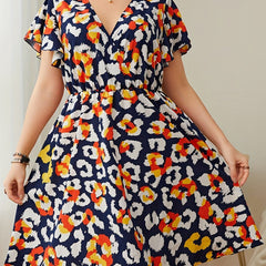 Graphic Print Ruffle Trim Cap Sleeve Mini Dress Plus Size