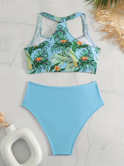 Tropical Print Bikini Set: Cross Front Racer Back Bra & Panty