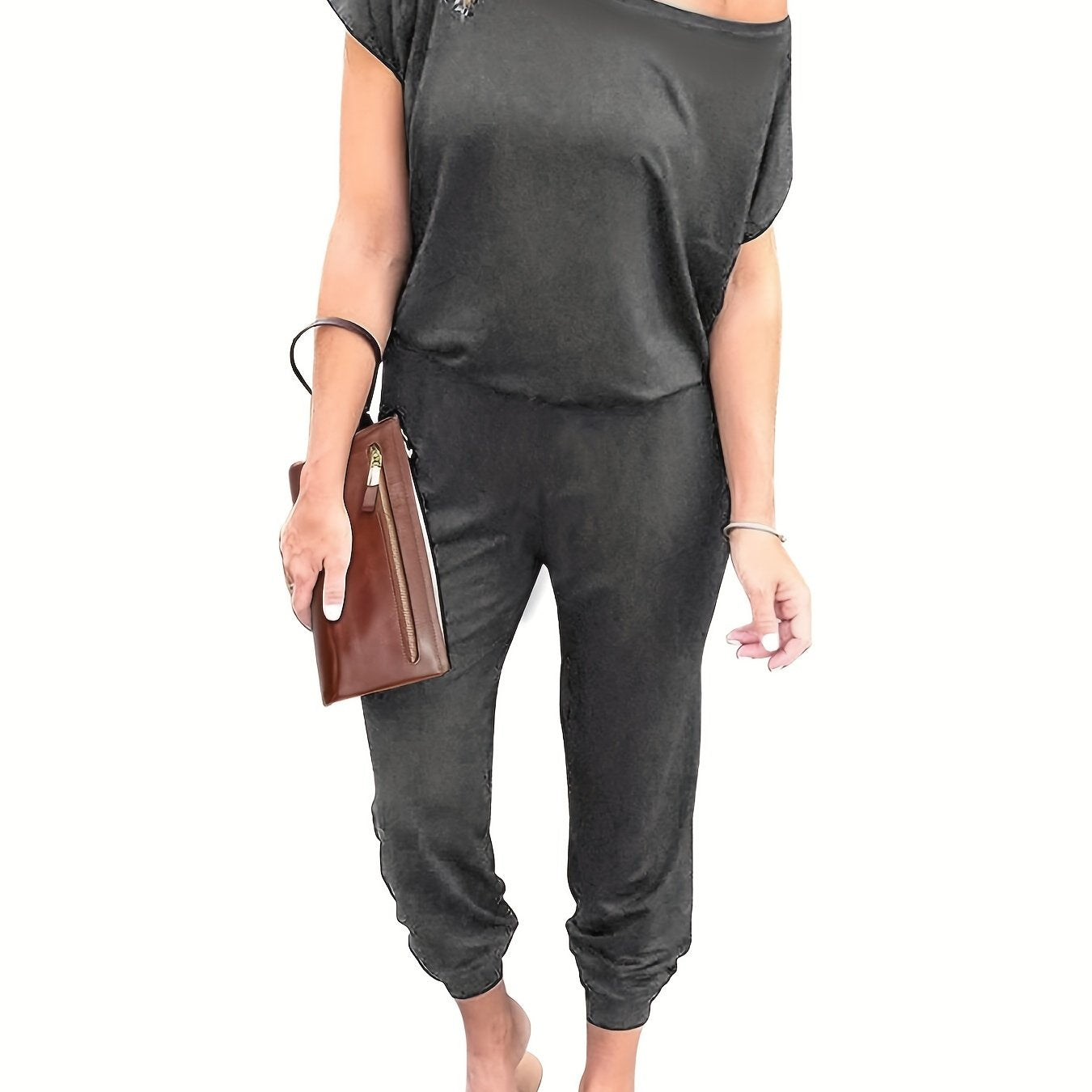 Slanted Shoulder Jumpsuit Casual Short Sleeve Cinched Waist Jumpsuit