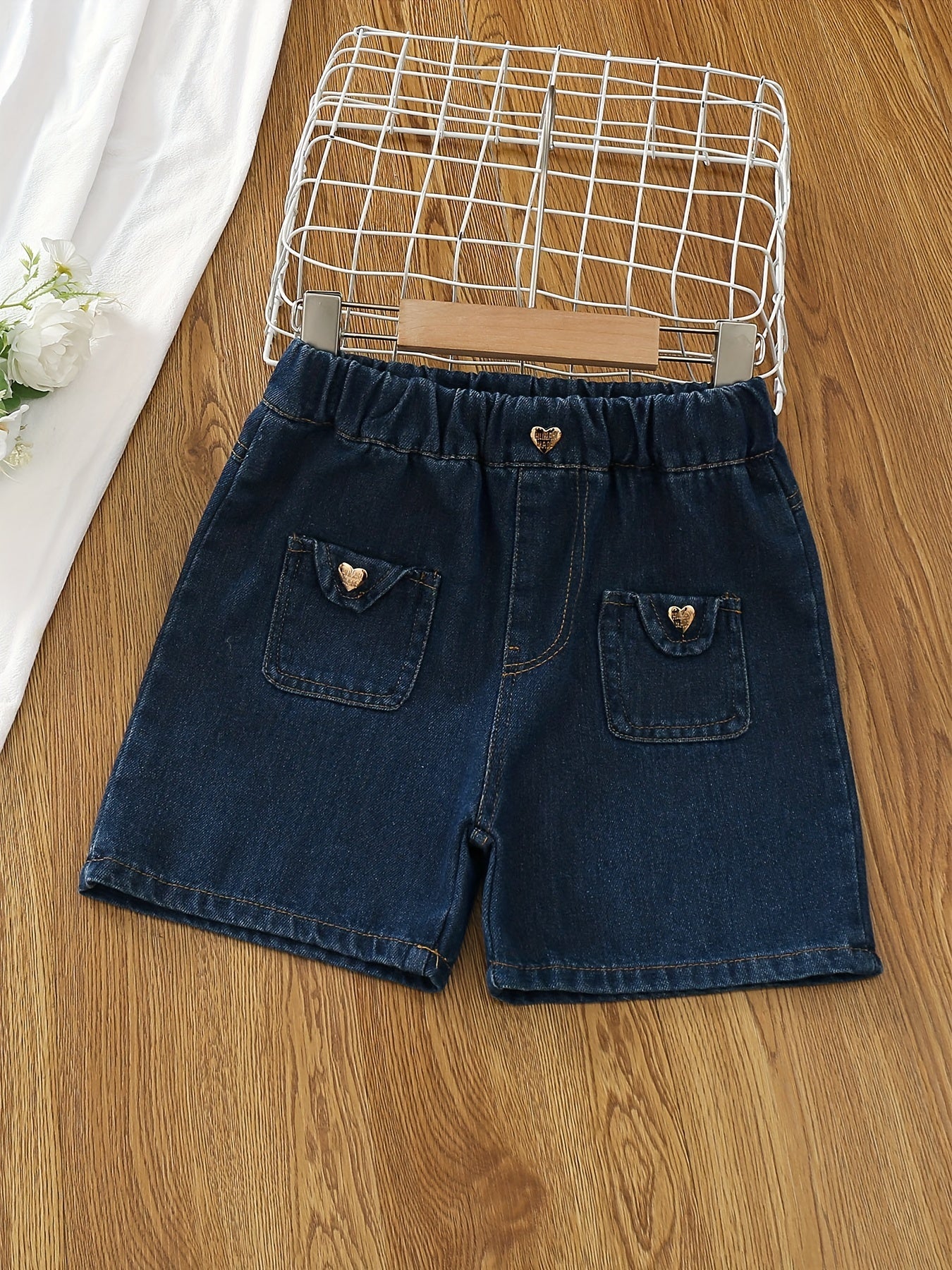 Toddler Girls Denim Shorts with Heart Button Detail