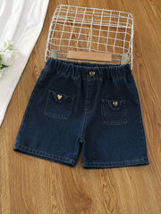 Toddler Girls Denim Shorts with Heart Button Detail