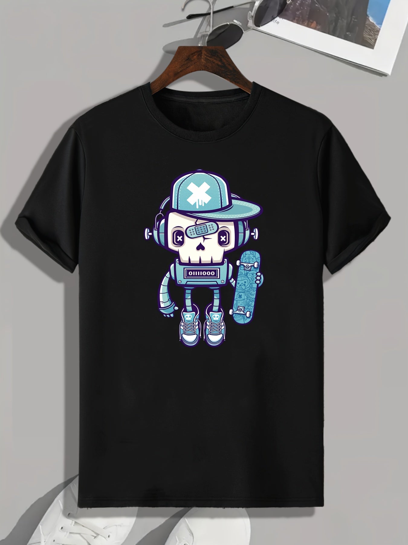 Cartoon Robot Pattern Print Men's Comfy Sports T-shirt Graphic Tee