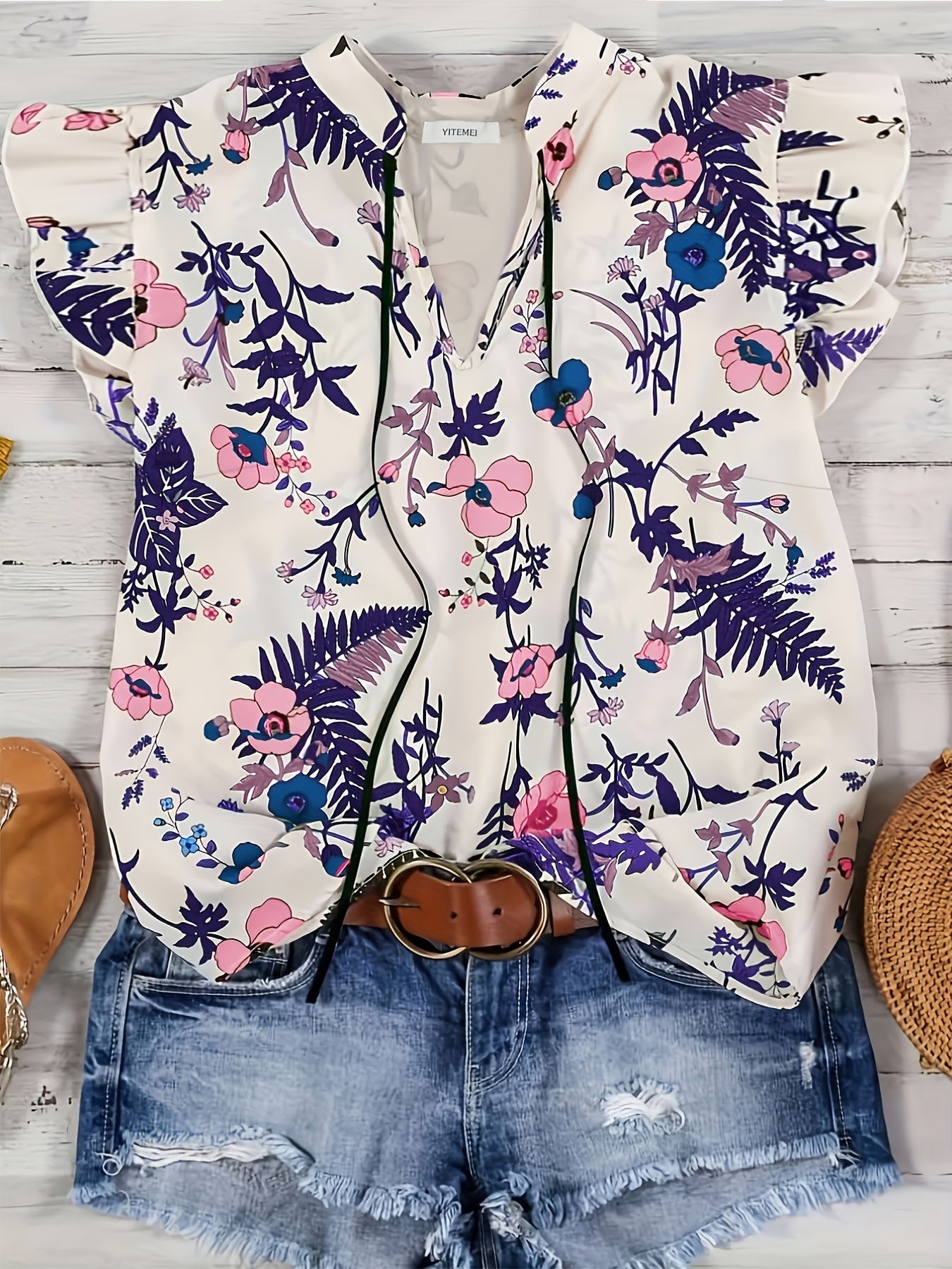Women's Plus Floral Print Ruffle Sleeve Notched Neck Keyhole Tie Top