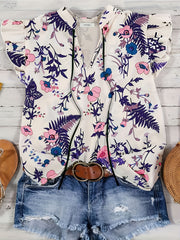 Women's Plus Floral Print Ruffle Sleeve Notched Neck Keyhole Tie Top
