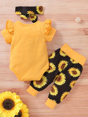 3pcs Little Miss Print Romper Sunflower Pants Set for Baby Girls