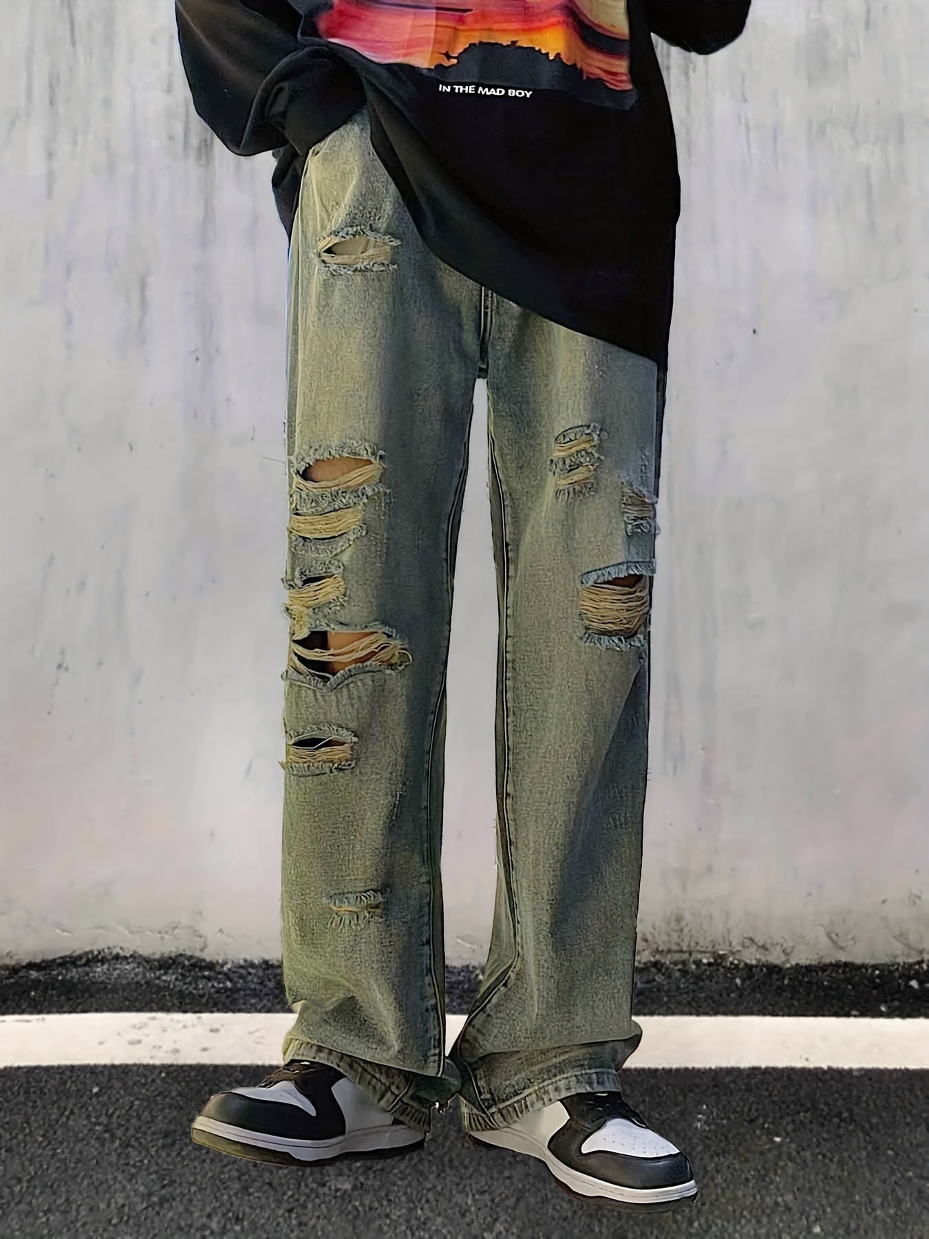 Men's Loose Fit Ripped Jeans, Street Style Distressed Denim Pants