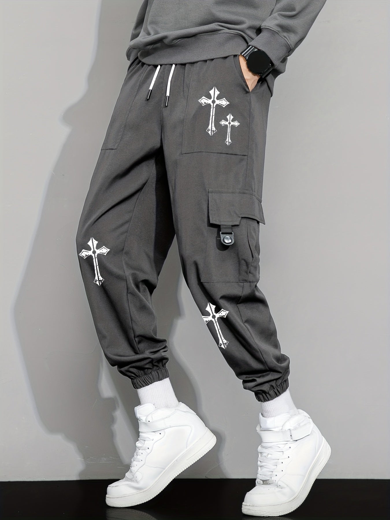 Cross Pattern Drawstring Cargo Pants Men's Joggers