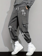 Cross Pattern Drawstring Cargo Pants Men's Joggers