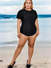 Sporty Swimsuit Women's Plus Solid Zip Up One Piece Bathing Suit