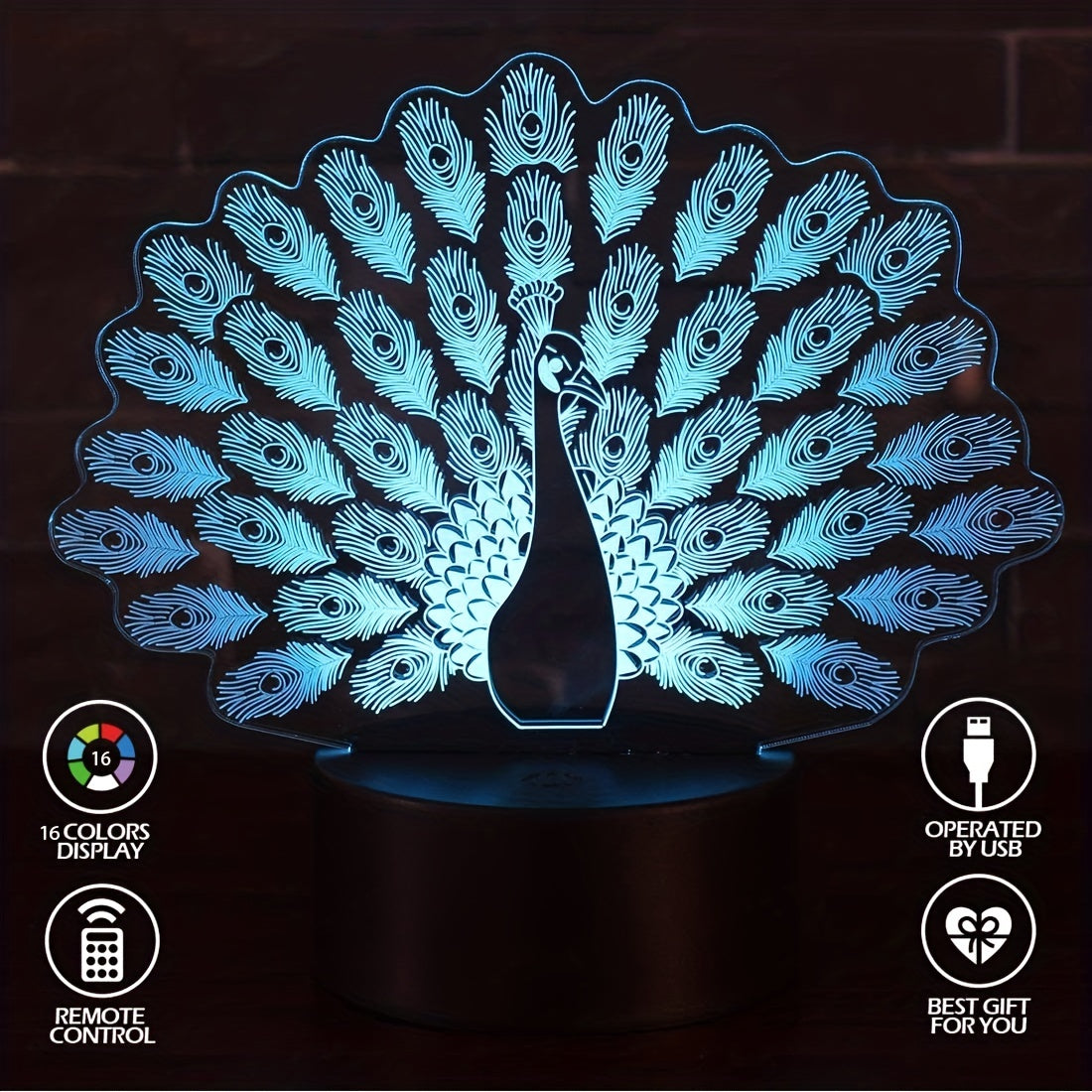 Peacock 3D Night Light Lamp 16 Colors Remote Control Kids
