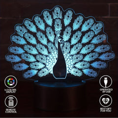 Peacock 3D Night Light Lamp 16 Colors Remote Control Kids