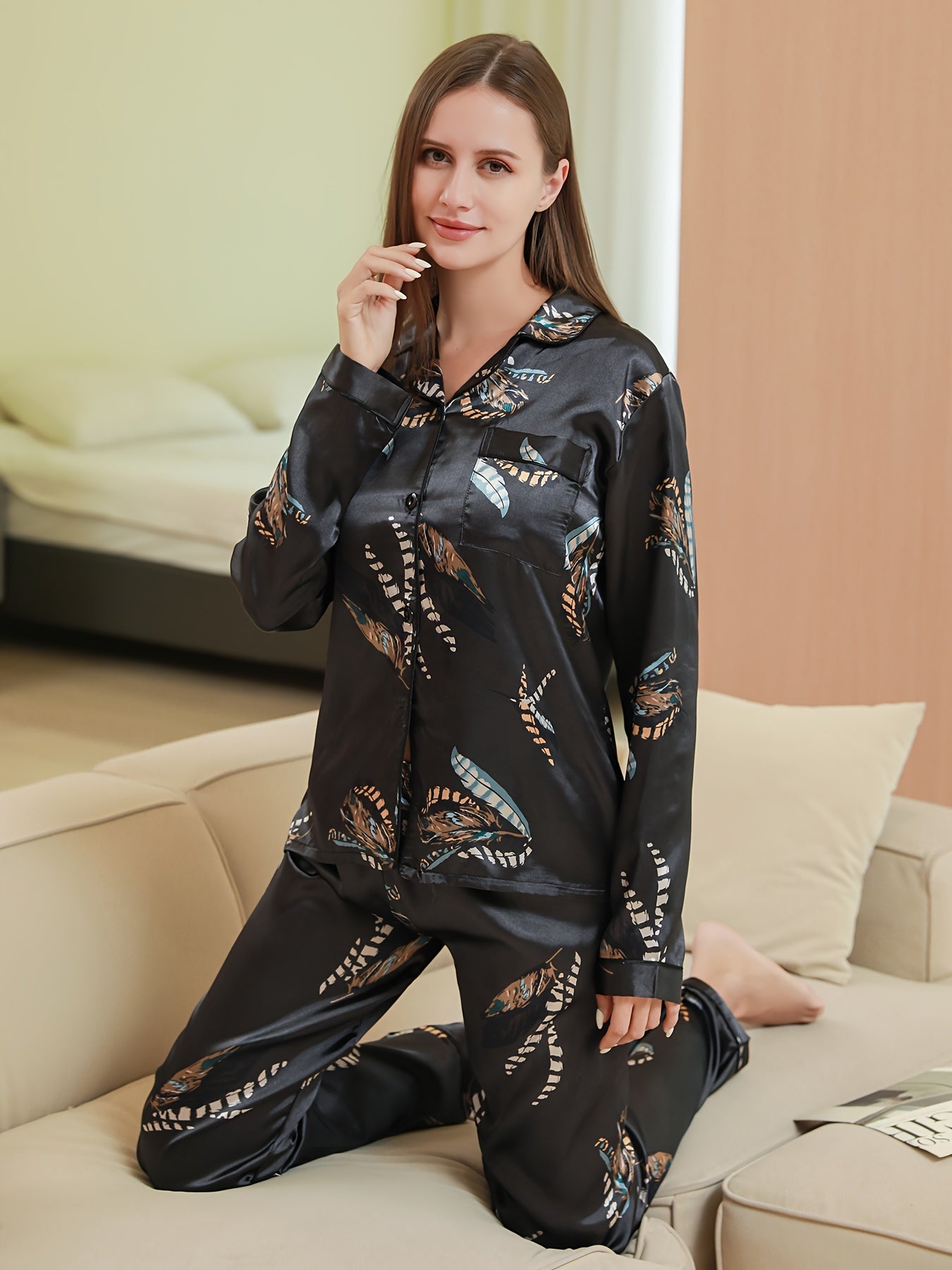 Satin Pajamas Set Long Sleeve Top & Elastic Waistband Pant