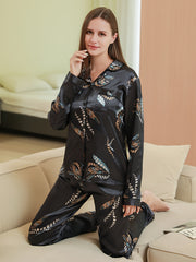 Satin Pajamas Set Long Sleeve Top & Elastic Waistband Pant