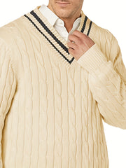 Preppy Knitted Cable Sweater Men's Casual Warm V Neck Retro Pullover