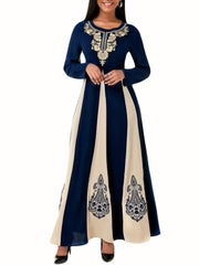 Block Maxi Dress Crew Neck Long Sleeve Dress Women's Clothing