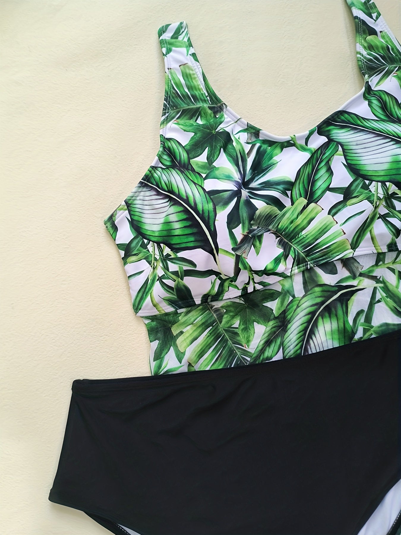 Tropical Print Tankini Set Round Neck Swimsuit Two Piece
