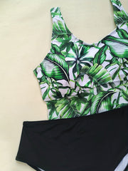 Tropical Print Tankini Set Round Neck Swimsuit Two Piece