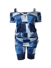 Patchwork Denim Print Cold Shoulder Top & Shorts Set