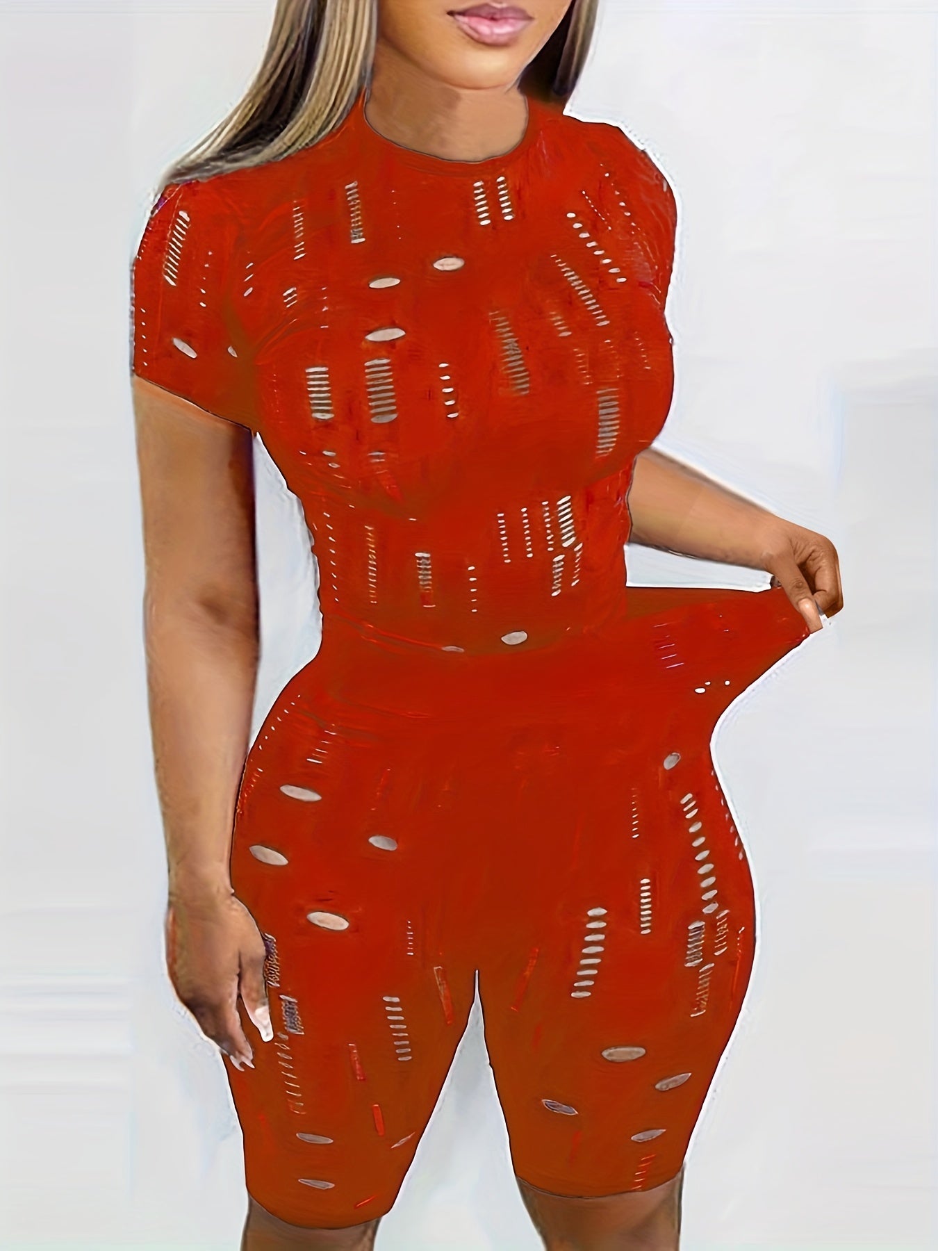 Solid Two piece Set Mock Neck Short Sleeve Tops & Slim Shorts Outfits