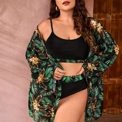Boho Bikini Set Tropical Print Bra & Panty & Cover Up Swimsuit