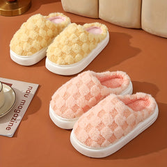 Women's Plaid Pattern Slippers Slip On Round Toe Non slip Home Fluffy Slides Sho
