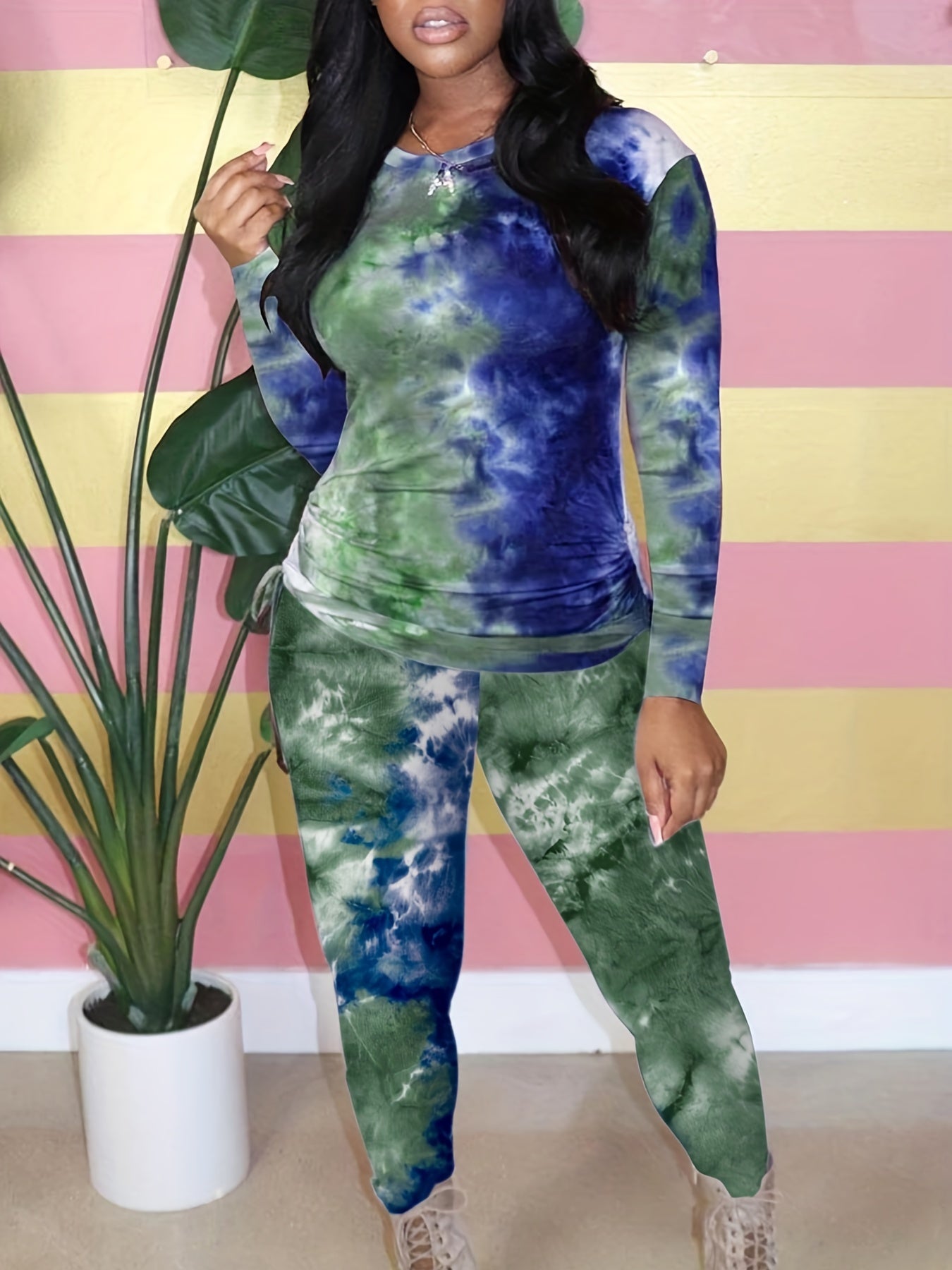 Women's Plus Tie Dye Ruched Long Sleeve Top & Leggings Set