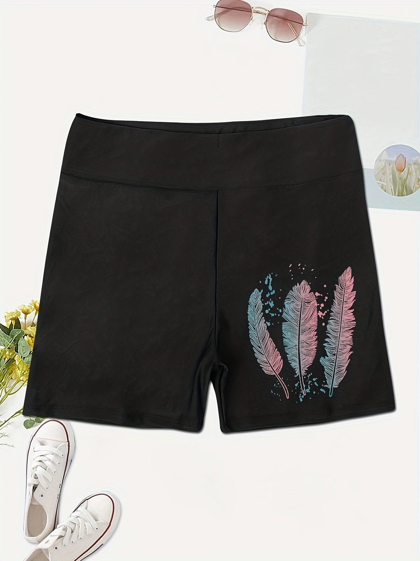 Feather Print Skinny Shorts High Waist Casual Shorts