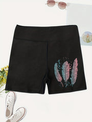 Feather Print Skinny Shorts High Waist Casual Shorts