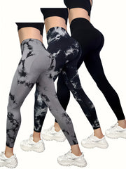 3pcs Tie Dye High Waist Sports Leggings Yoga Pants