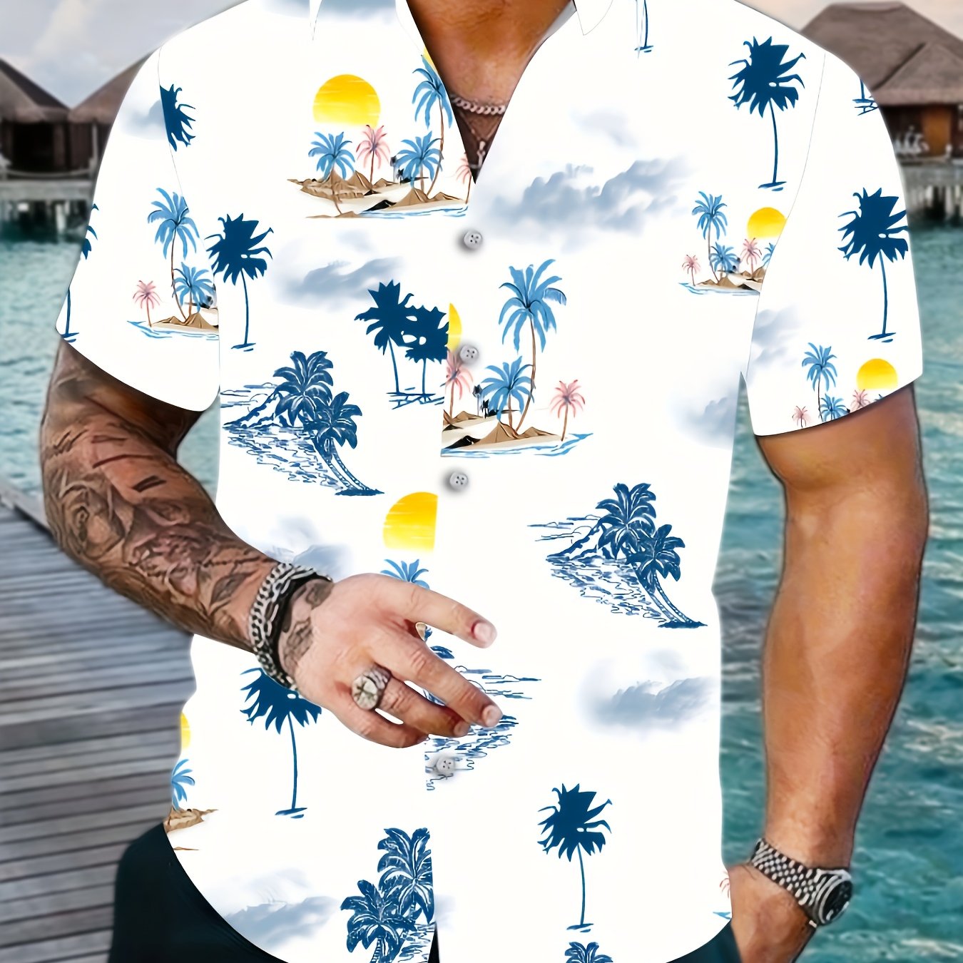 Men's Palm Trees Beach Print Short Sleeve Button Up Shirt