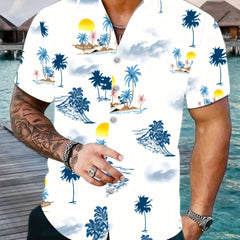 Men's Palm Trees Beach Print Short Sleeve Button Up Shirt
