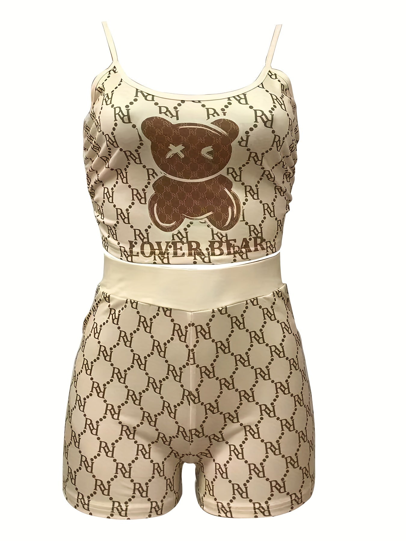 Cartoon Bear Print Cami Top & Slim Shorts Set
