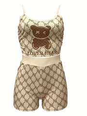 Cartoon Bear Print Cami Top & Slim Shorts Set