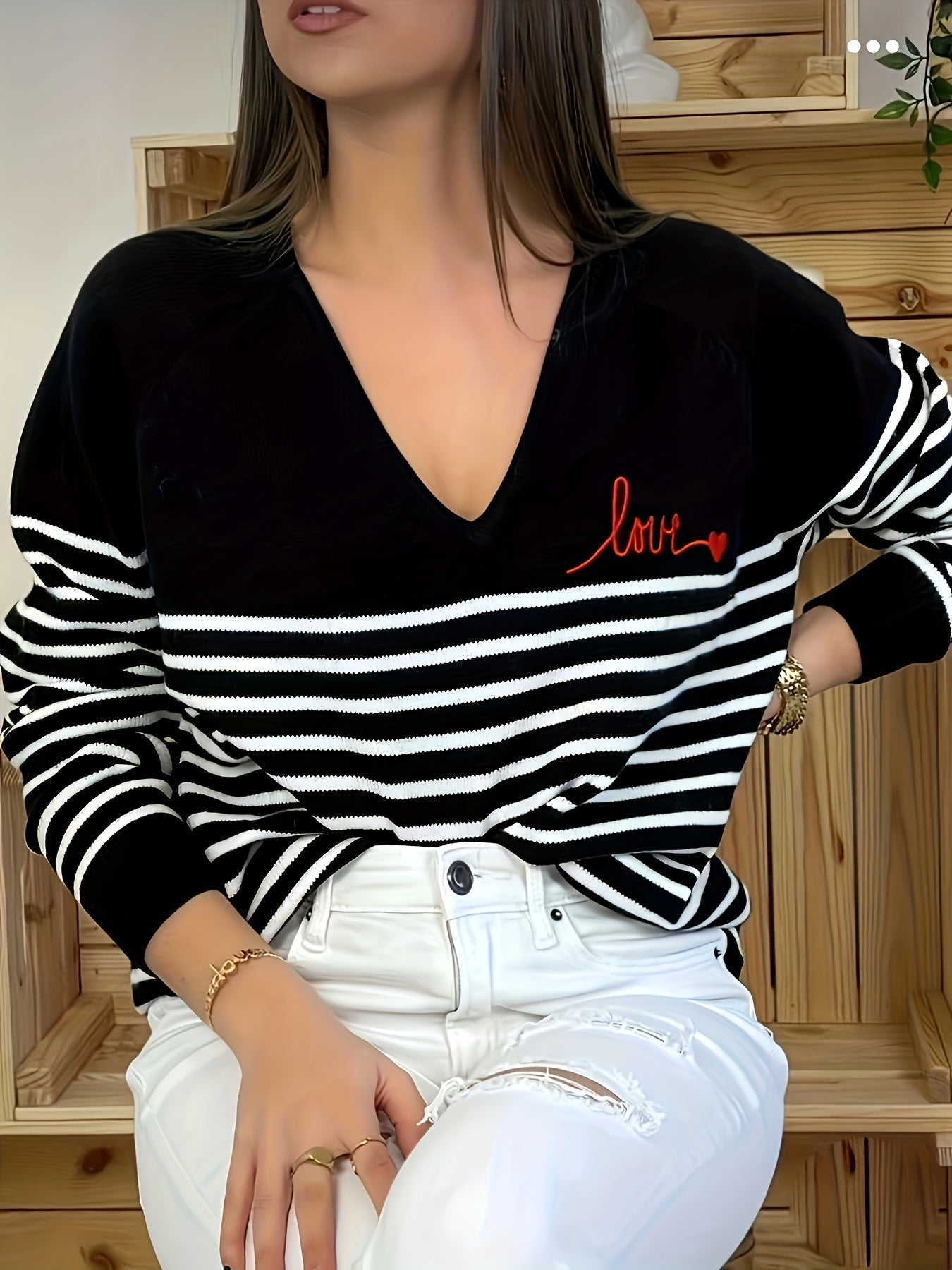 Striped V Neck Pullover Sweater Long Sleeve Casual Spring Fall