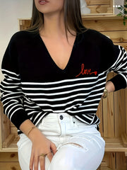 Striped V Neck Pullover Sweater Long Sleeve Casual Spring Fall