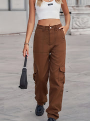 Loose Fit Cargo Denim Pants Mid Waist Straight Legs Denim Pants
