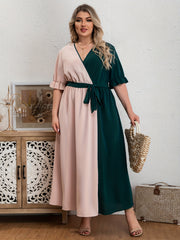 Colorblock Puff Sleeve Maxi Dress With Belt