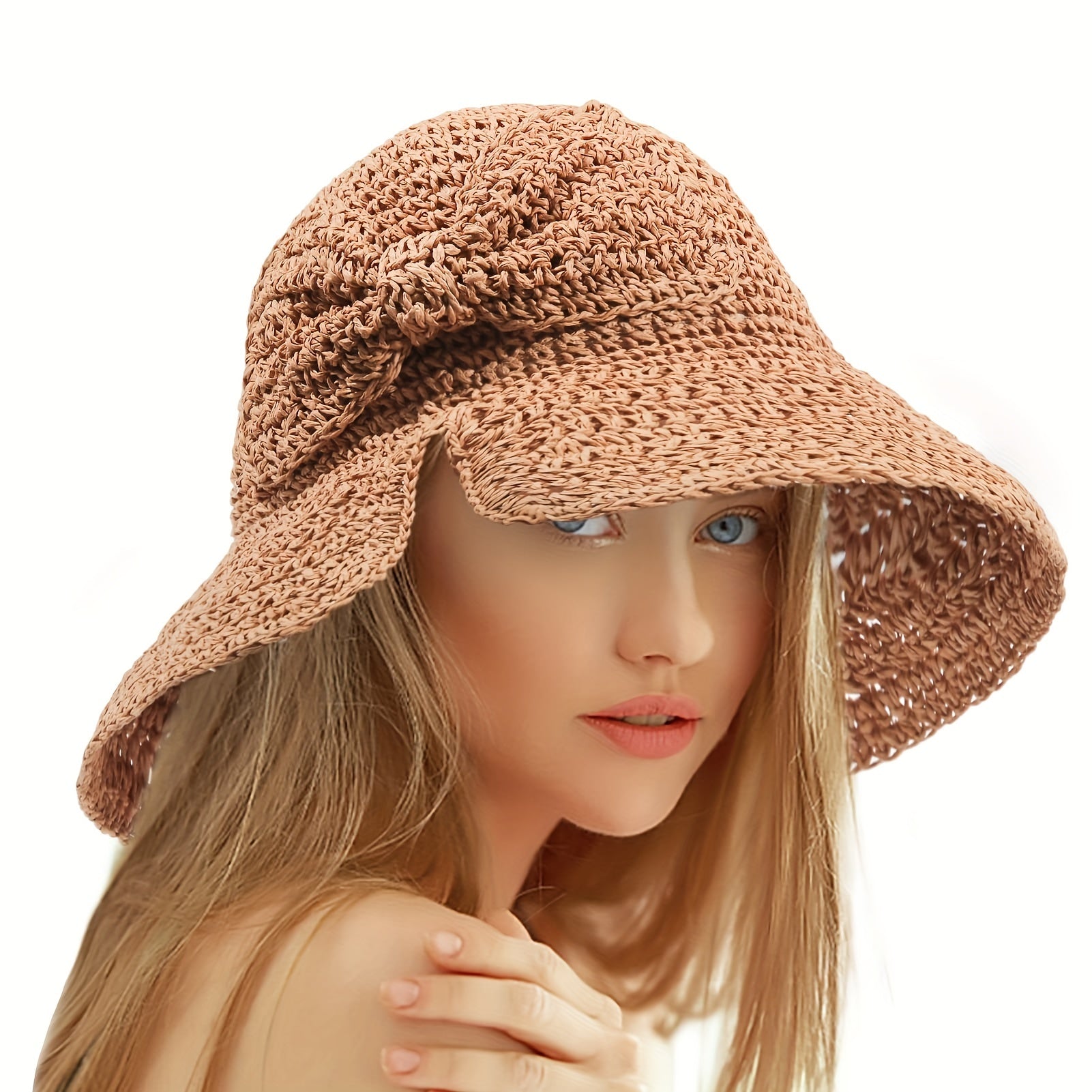 Crochet Straw Sun Hat Wide Brim UV Protection Bucket Hat