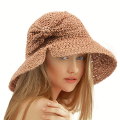 Crochet Straw Sun Hat Wide Brim UV Protection Bucket Hat